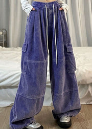 Natural Purple Pockets Patchwork Corduroy Wide Leg Pants Spring