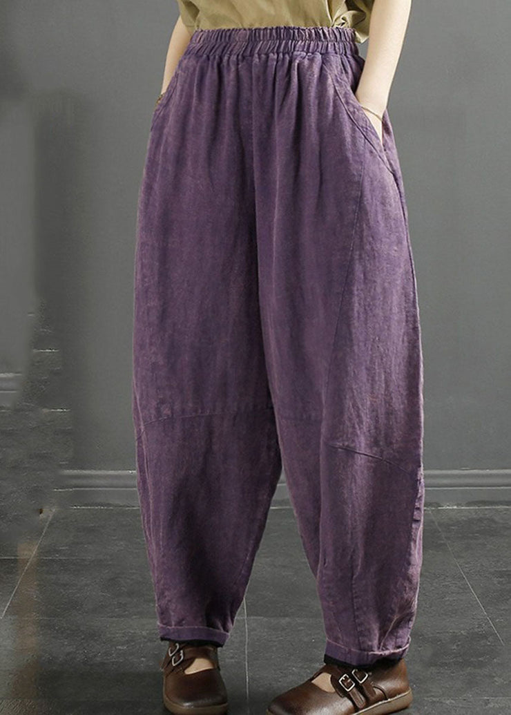 Natural Purple Pockets Patchwork lastic Waist Linen Lantern Pants Fall