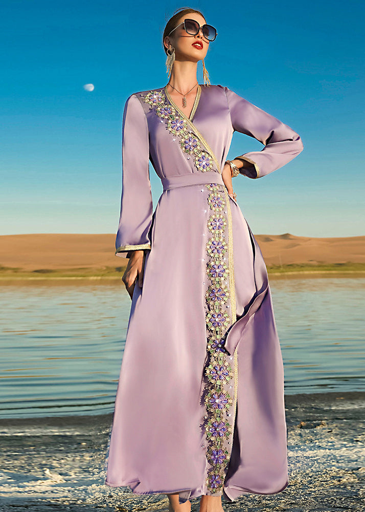 Natural Purple V Neck Patchwork Tie Waist Chiffon Maxi Dresses Long Sleeve