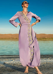 Natural Purple V Neck Patchwork Tie Waist Chiffon Maxi Dresses Long Sleeve