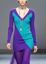 Natural Purple V Neck Patchwork Tulle Knit Dress Fall