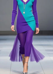 Natural Purple V Neck Patchwork Tulle Knit Dress Fall