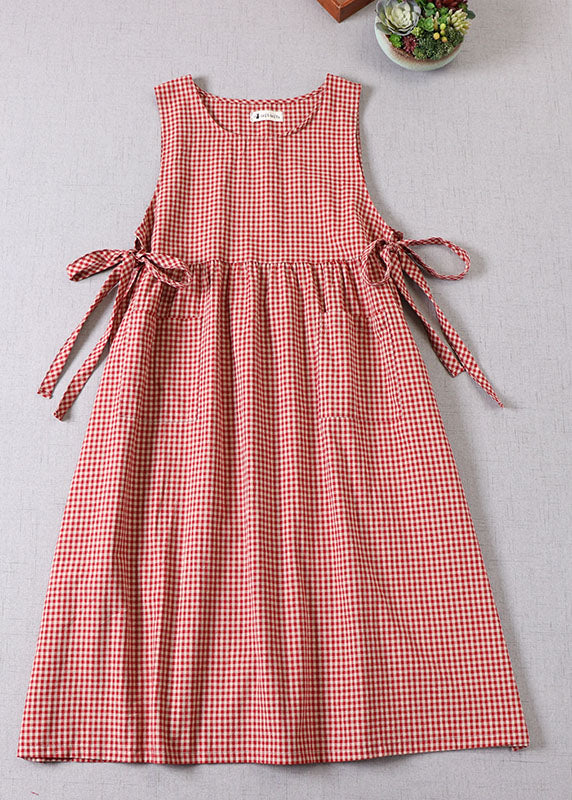 Natürliches Rot Cinched Plaid Partykleid Frühling