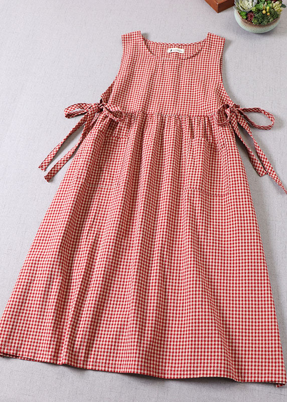 Natürliches Rot Cinched Plaid Partykleid Frühling