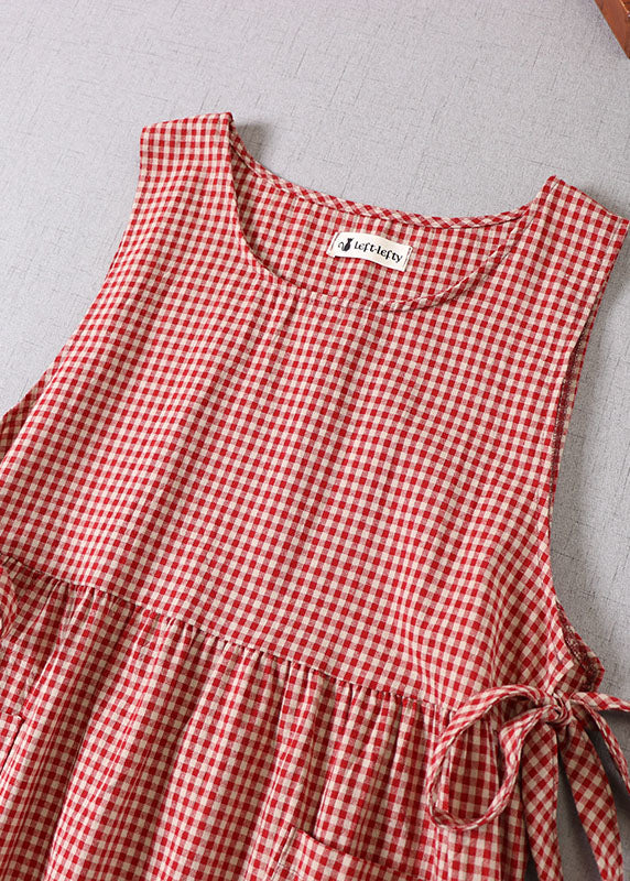 Natürliches Rot Cinched Plaid Partykleid Frühling