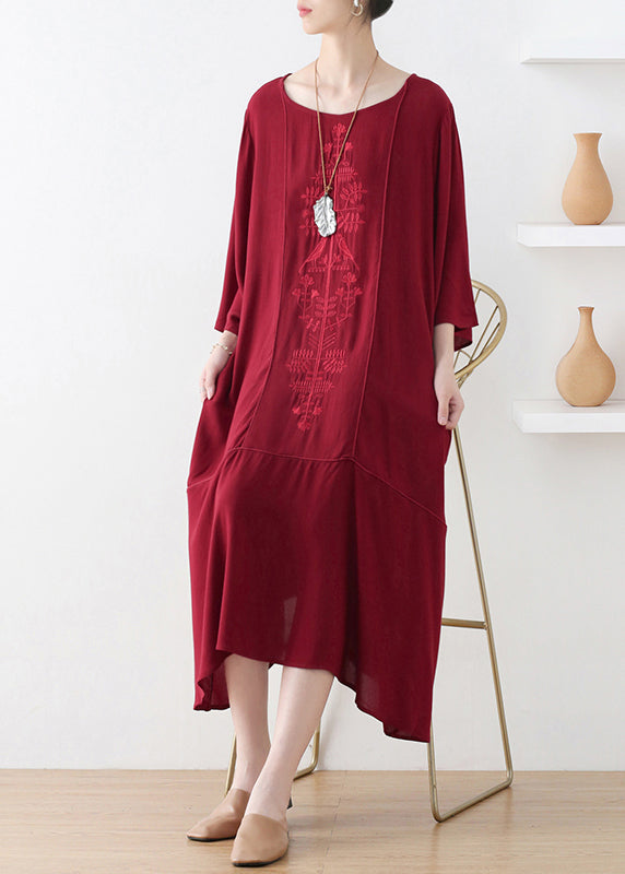 Natural Red O-Neck Print Draping Long Dress Fall