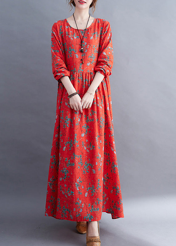 Natural Red O-Neck Print Maxi Dress Long Sleeve