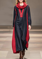 Natural Red Patchwork Black Zippered Maxi Dresses Fall