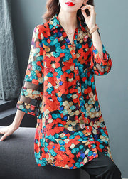 Natural Red Peter Pan Collar Print Patchwork Chiffon Shirts Tops Bracelet Sleeve