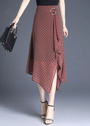 Natural Red Plaid Asymmetrical Chiffon Skirt Summer