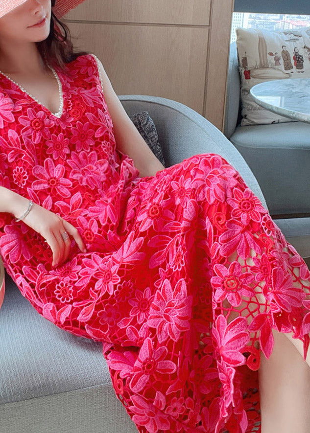 Natural Red V Neck Hollow Out Lace Long Dress Summer