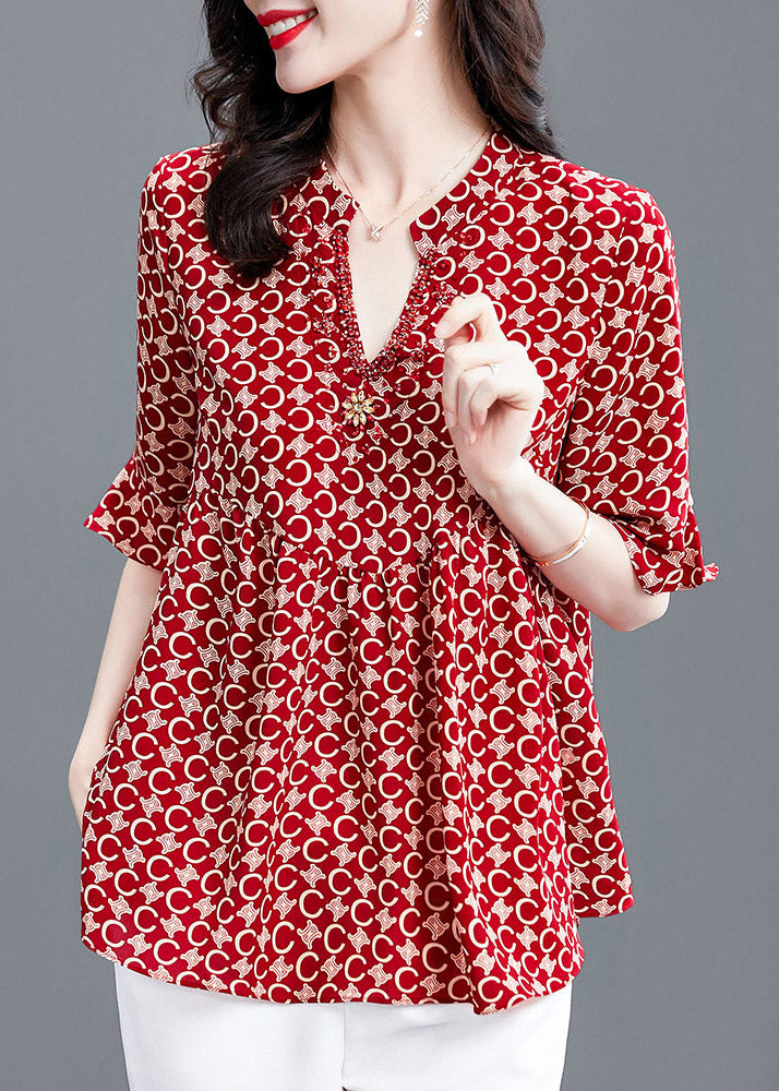 Natural Red V Neck Print Shirt Half Sleeve