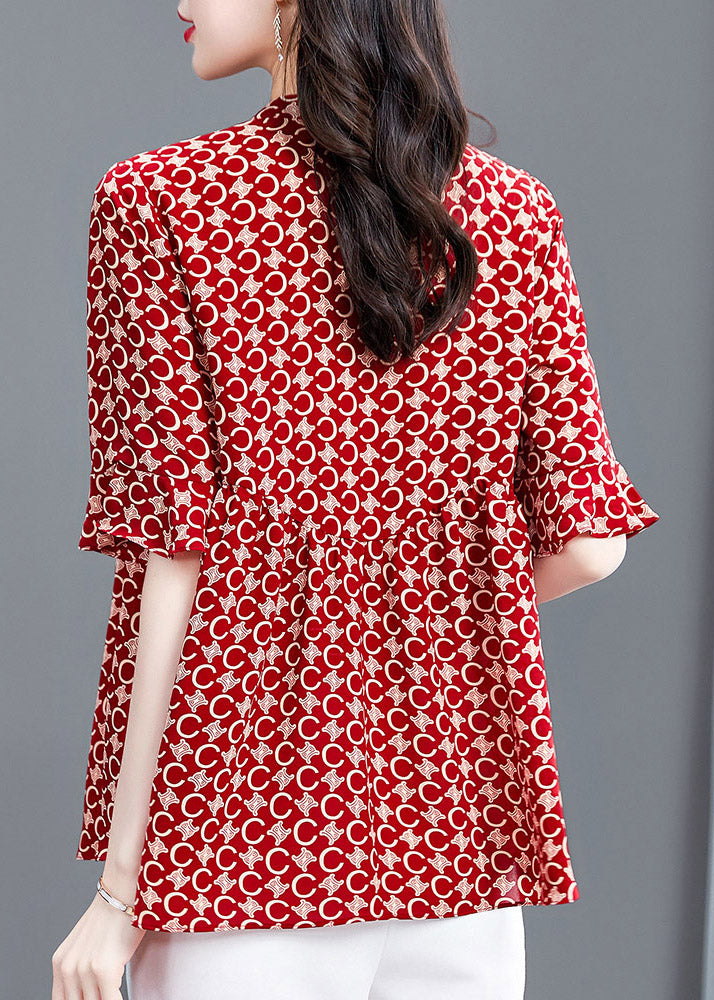 Natural Red V Neck Print Shirt Half Sleeve