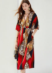 Natural Red V Neck Wrinkled Pockets Print Cotton Dresses Summer