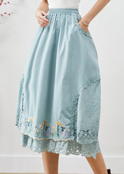 Natural Sky Blue Embroidered Patchwork Cotton Skirt Fall