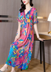 Natural V Neck Ruffled Print Silk Holiday Maxi Dress Short Sleeve