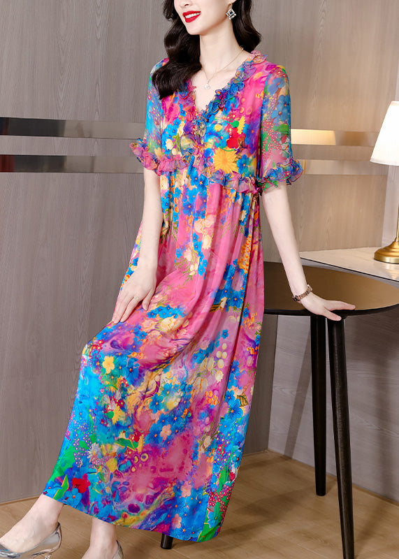 Natural V Neck Ruffled Print Silk Holiday Maxi Dress Short Sleeve