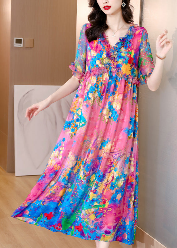 Natural V Neck Ruffled Print Silk Holiday Maxi Dress Short Sleeve