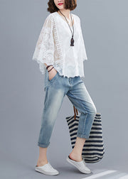 Natural White Embroideried Oversized Cotton Shirts Batwing Sleeve