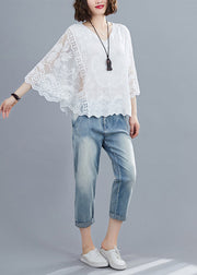 Natural White Embroideried Oversized Cotton Shirts Batwing Sleeve