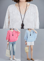 Natural White Embroideried Oversized Cotton Shirts Batwing Sleeve