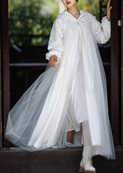 Natural White Embroideried Patchwork Tulle Hooded Trench Fall