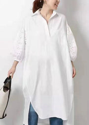 Natural White Lace Patchwork Cotton Shirts Dress Half Sleeve