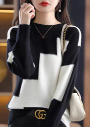 Natural White O-Neck Patchwork Thick Cashmere Knit Sweater Fall