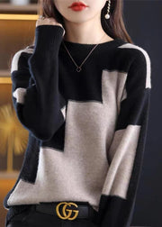 Natural White O-Neck Patchwork Thick Cashmere Knit Sweater Fall