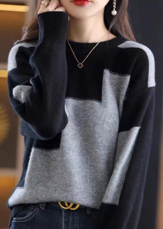 Natural White O-Neck Patchwork Thick Cashmere Knit Sweater Fall