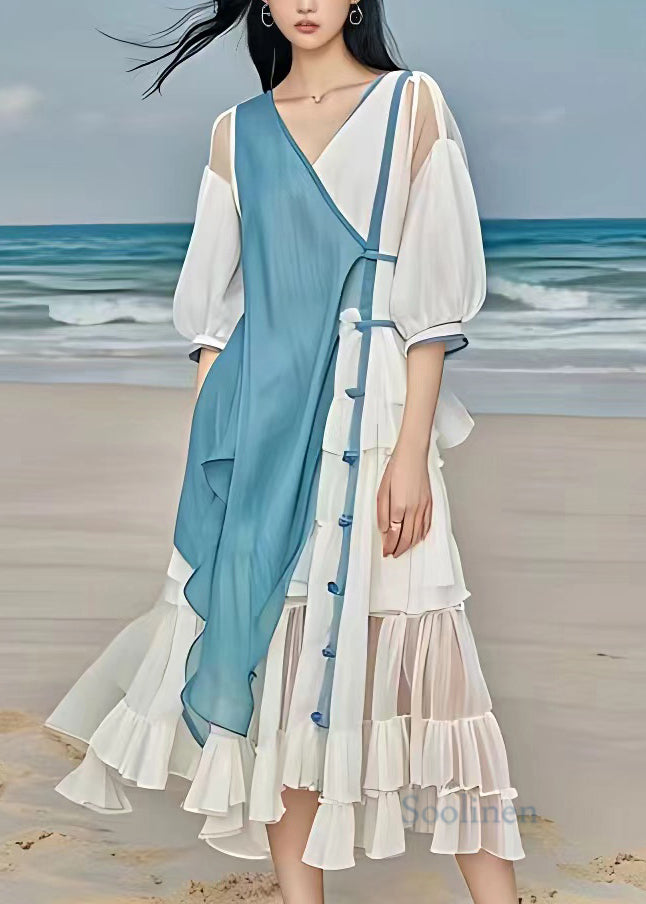 Natural White Patchwork Tie Waist Vacation Chiffon Maxi Dresses Half Sleeve