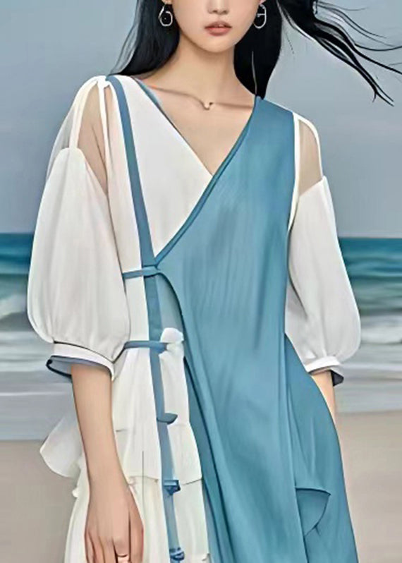 Natural White Patchwork Tie Waist Vacation Chiffon Maxi Dresses Half Sleeve