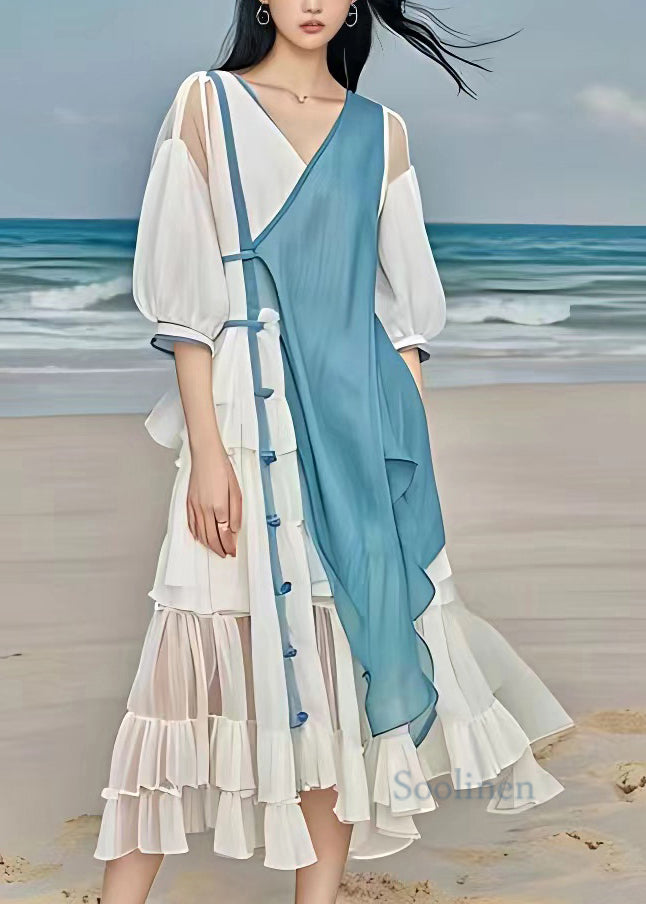 Natural White Patchwork Tie Waist Vacation Chiffon Maxi Dresses Half Sleeve