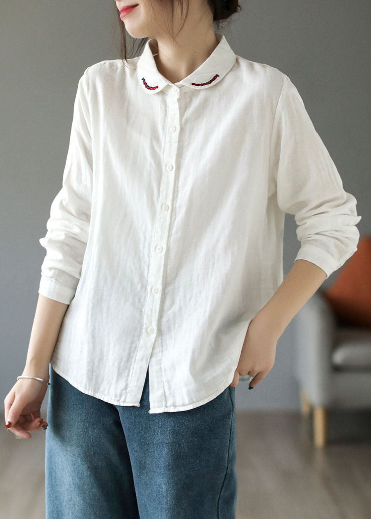 Natural White Peter Pan Collar Embroideried Cotton Shirt Tops Long Sleeve