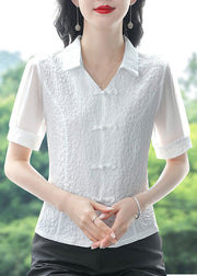 Natural White Peter Pan Collar Patchwork Chiffon Tops Summer