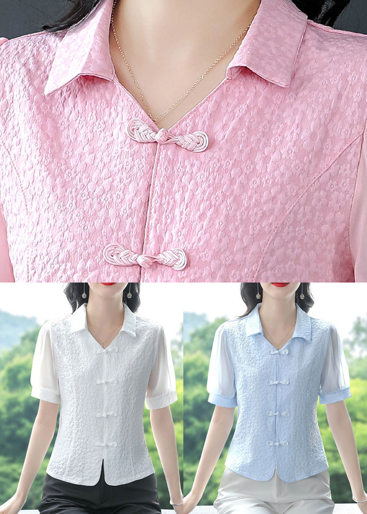 Natural White Peter Pan Collar Patchwork Chiffon Tops Summer