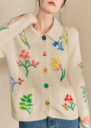 Natural White Peter Pan Collar Pockets Print Cotton Knit Cardigans Winter