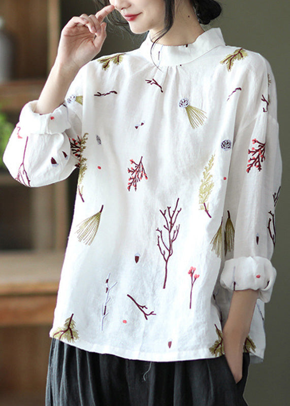 Natural White Print Linen Shirt Long Sleeve