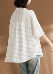 Natural White Stand Collar Striped Button Shirts Batwing Sleeve