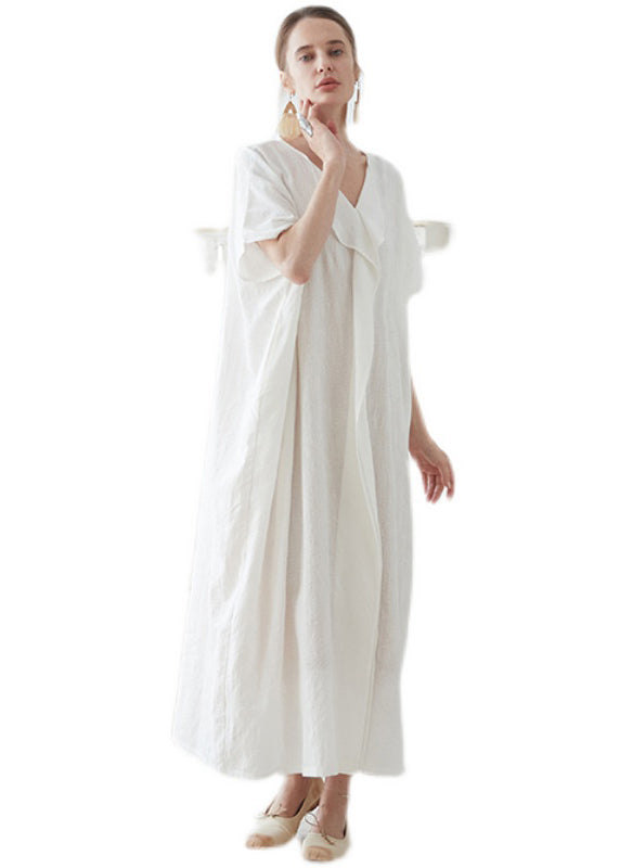 Natural White V Neck Jacquard Patchwork Cotton Robe Dresses Summer