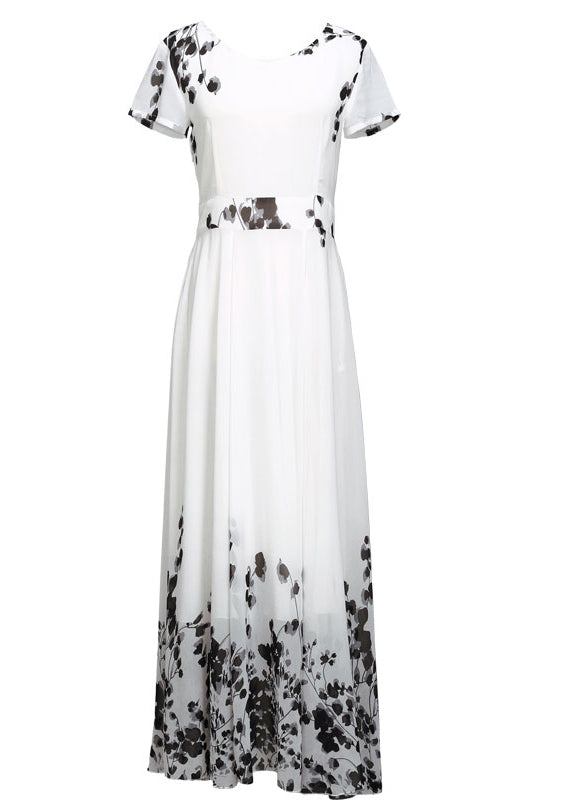 Natural White V Neck Print High Waist Chiffon Long Beach Dress Summer