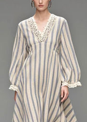 Natural White V Neck Striped Exra Large Hem Silk Velvet Holiday Dress Spring