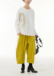 Natural Yellow Elastic Waist Oversized Patchwork Cotton Harem Pants Summer