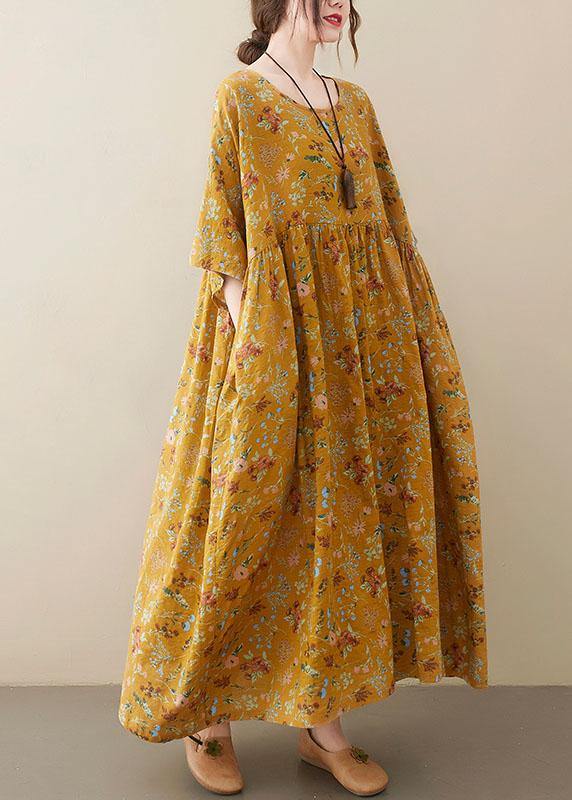 Natural Yellow O-Neck Pockets Print Summer Sundress - bagstylebliss