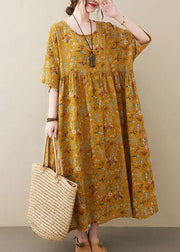 Natural Yellow O-Neck Pockets Print Summer Sundress - bagstylebliss