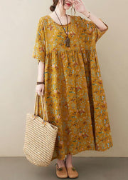 Natural Yellow O-Neck Pockets Print Summer Sundress - bagstylebliss