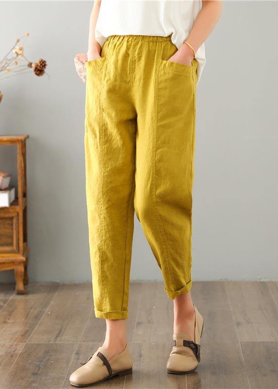 Natural Yellow Pockets Cotton Linen  Pants Summer - bagstylebliss