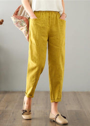 Natural Yellow Pockets Cotton Linen  Pants Summer - bagstylebliss