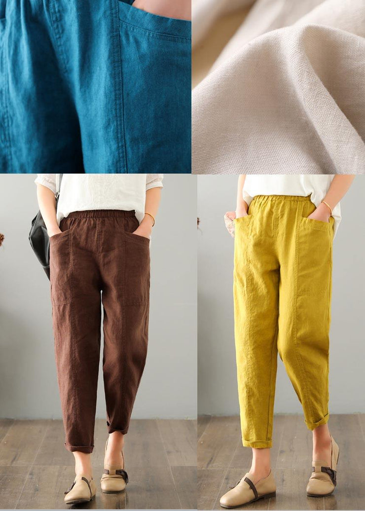 Natural Yellow Pockets Cotton Linen  Pants Summer - bagstylebliss