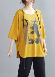 Natural Yellow Print Cotton Hooded Top Half Sleeve